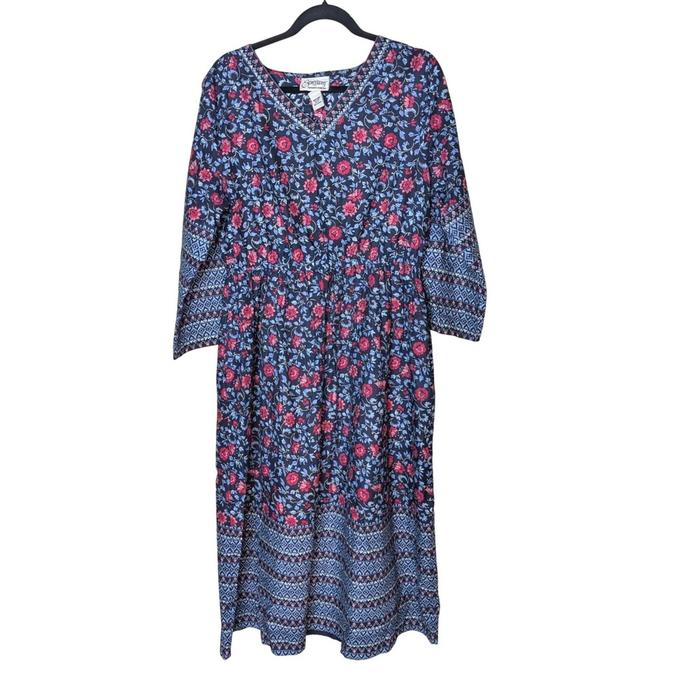 Vintage Expressions Floral Cotton Prairie‎ Dress Navy Red Blue Size L
